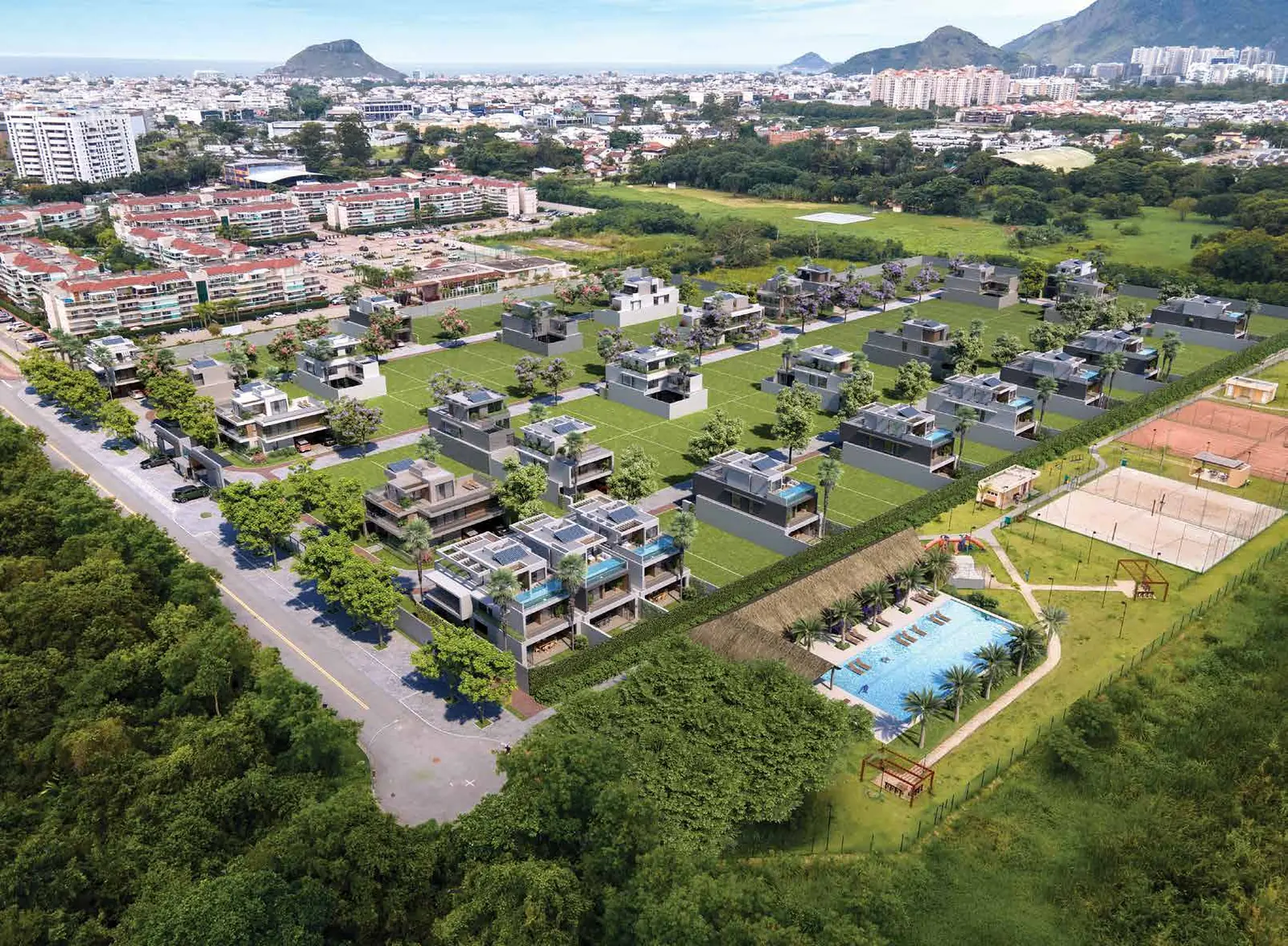 Vista aérea do Bothanica Park, condomínio de casas no Recreio dos Bandeirantes