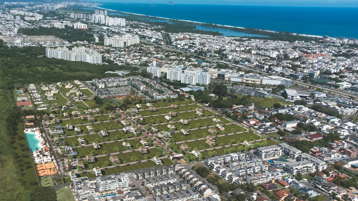 Fotomontagem aérea do Orla Bothanica e seu entorno no Recreio dos Bandeirantes